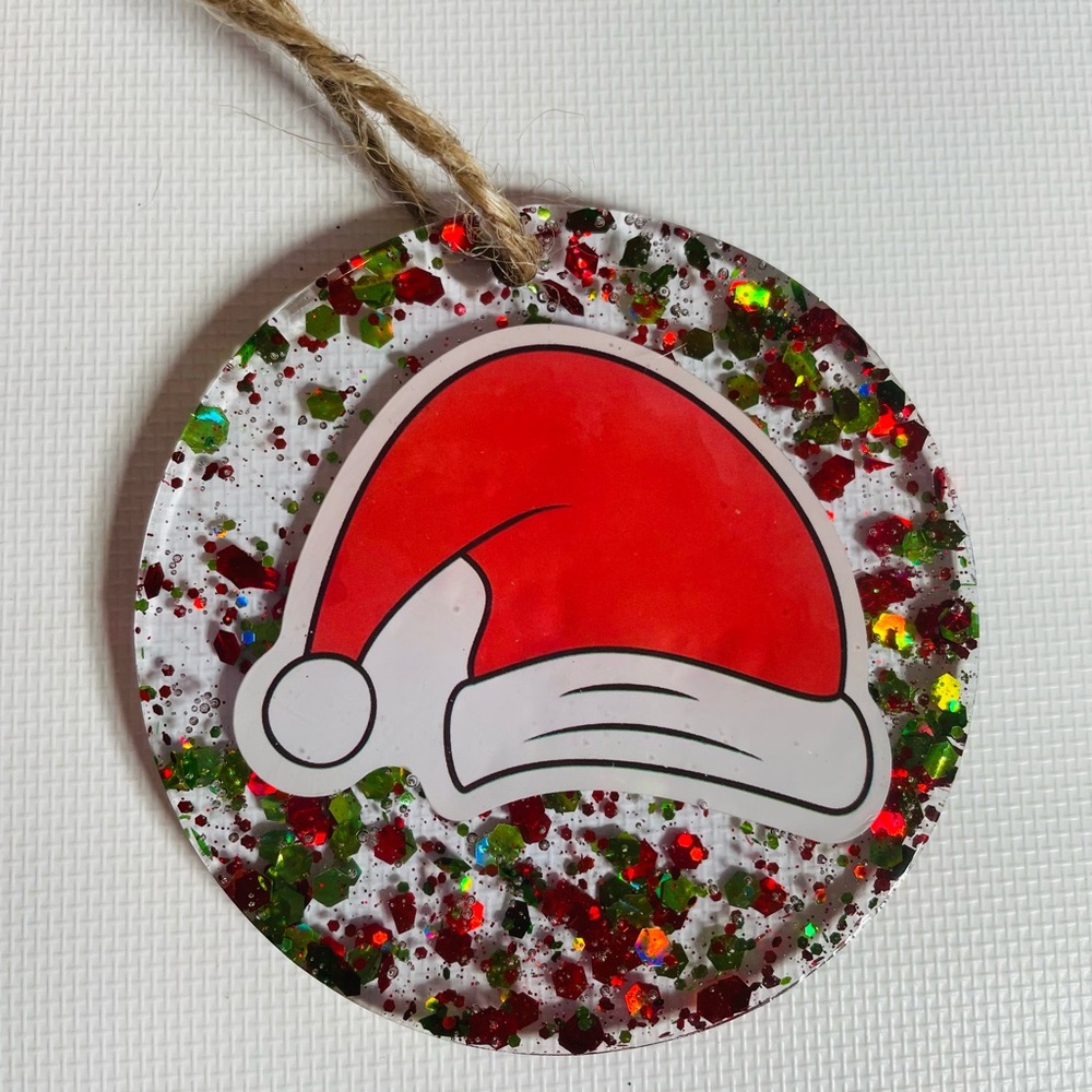 Hand Crafted Resin Festive Santa Hat Ornament with Glitter Accents